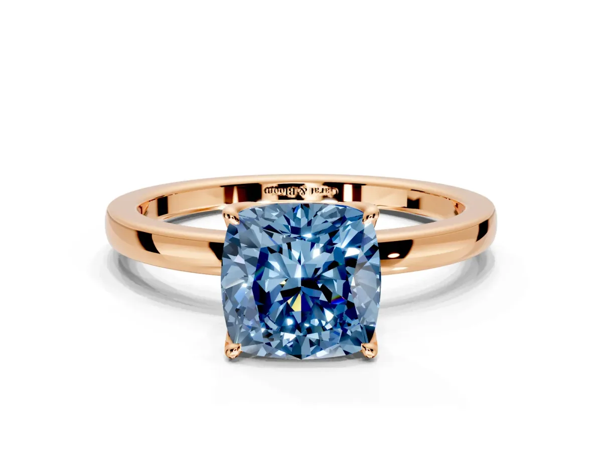 Solitaire Engagement Ring Setting for Fancy Blue Cushion Cut Center with Thin Rounded Plain Band and Prong Head in Rose Gold