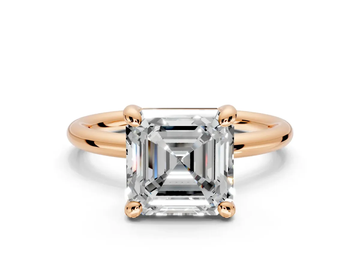 Low-Set Solitaire Engagement Ring Setting for Asscher Cut Center with Thin Plain Band and Prong Head in Rose Gold