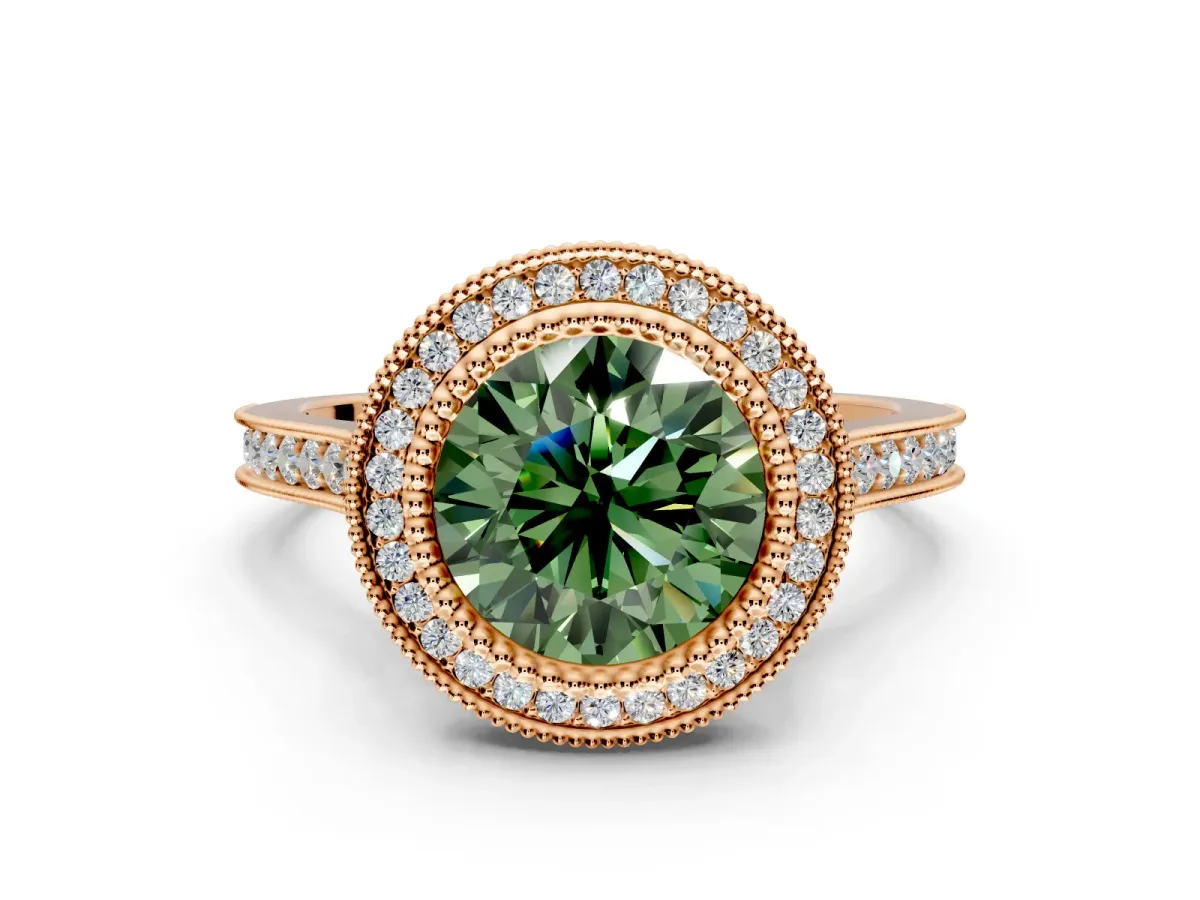Halo Engagement Ring Setting for Fancy Green Round Cut Center with Milgrain Frame, Pave Band and Prong Head in Rose Gold