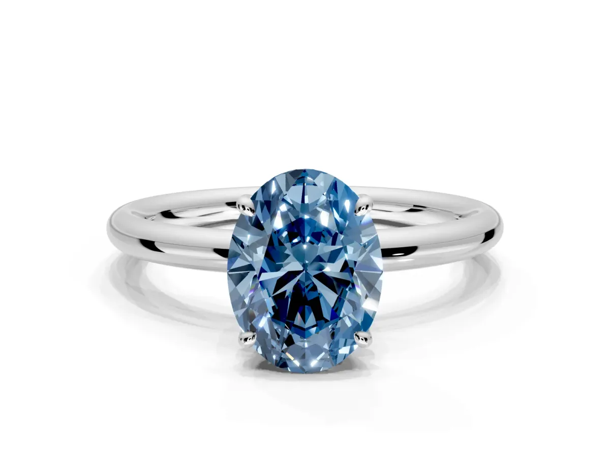 Hidden Halo Engagement Ring Setting for Fancy Blue Oval Center with Thin Rounded Band and Prong Head in Platinum