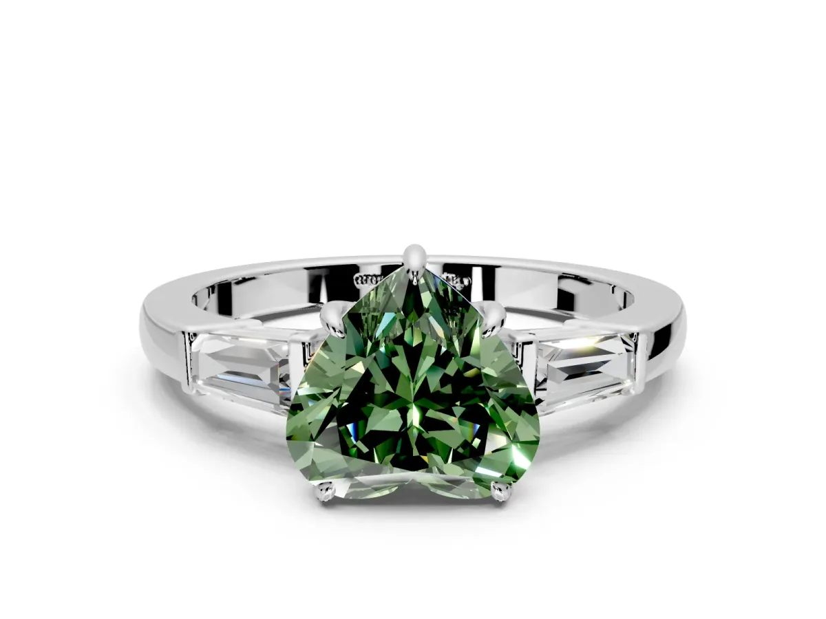 3 Stone Engagement Ring Setting for Fancy Green Heart-Shaped Center with Baguette Accents and Prong Head in White Gold