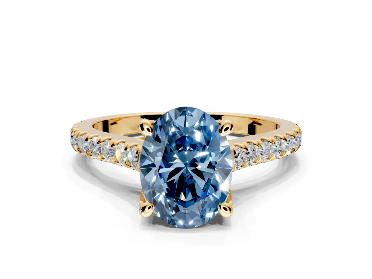 Solitaire Engagement Ring Setting for Fancy Blue Oval Center with Widening Pave Band and Claw Prong Head in Yellow Gold