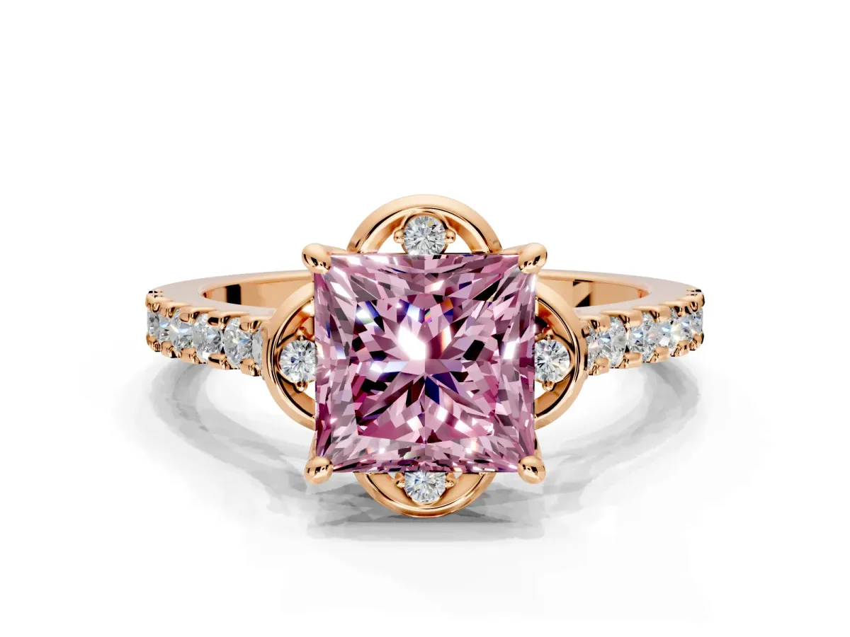 Floral Engagement Ring Setting for Fancy Pink Princess Cut Center with Pave Band and Floral Prong Head in Rose Gold