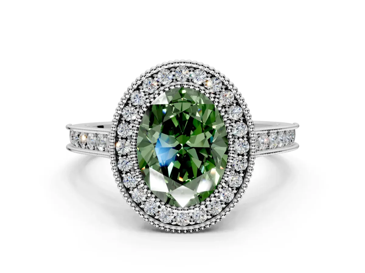 Halo Engagement Ring Setting for Fancy Green Oval Center with Milgrain Pave Band and Bezel Head in Platinum