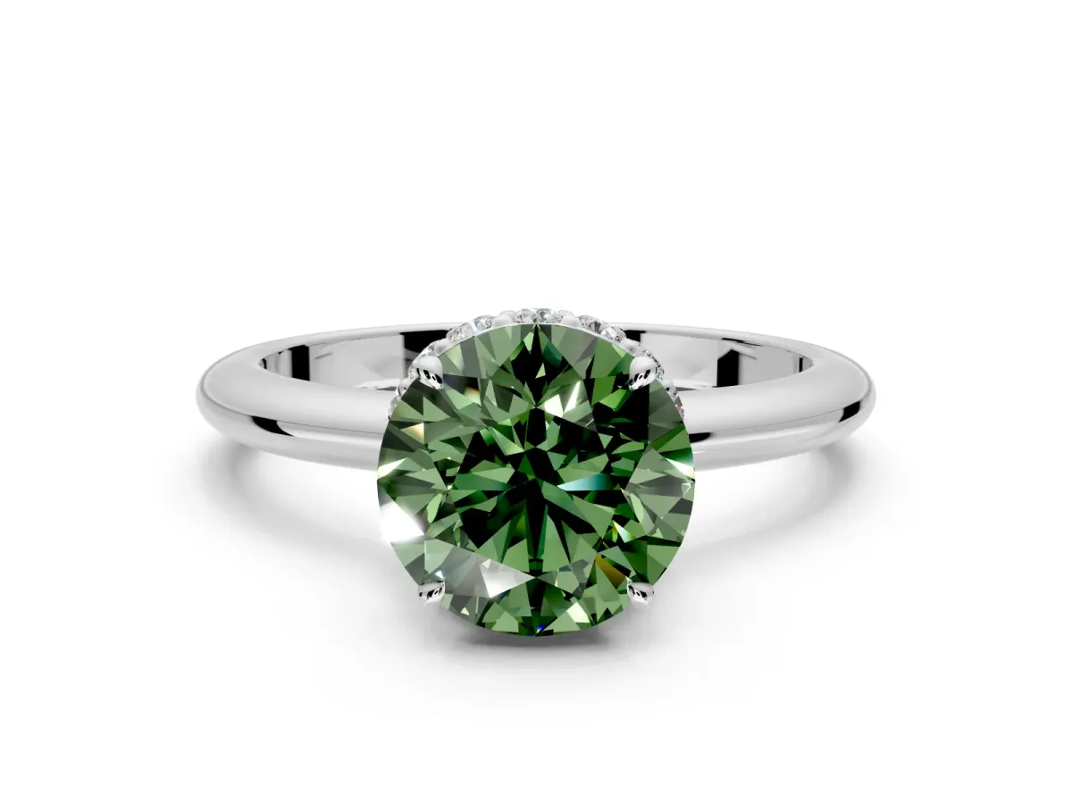 Hidden Halo Engagement Ring Setting for Fancy Green Round Cut Center with Plain Rounded Band and Prong Head in Platinum