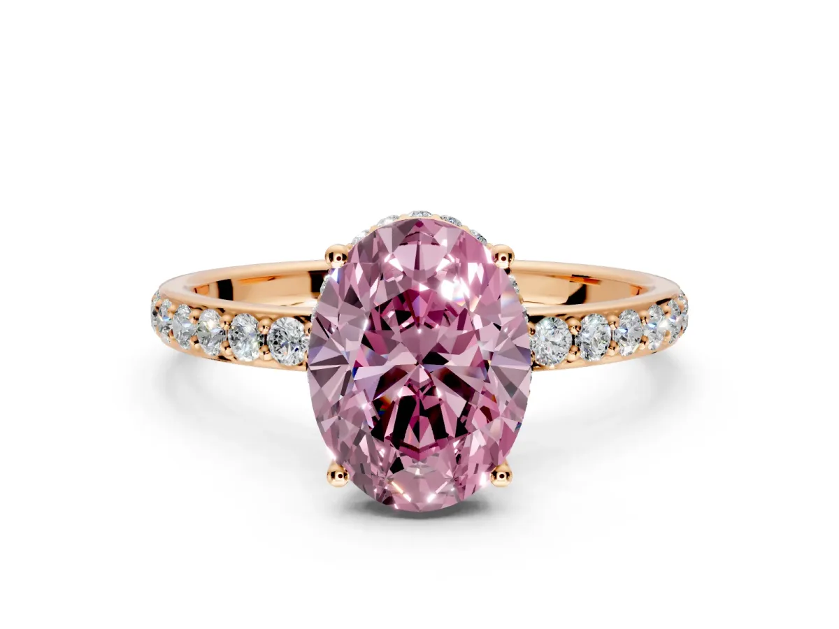 Hidden Halo Engagement Ring Setting for Fancy Pink Oval Center with Pave Band and Prong Head in Rose Gold