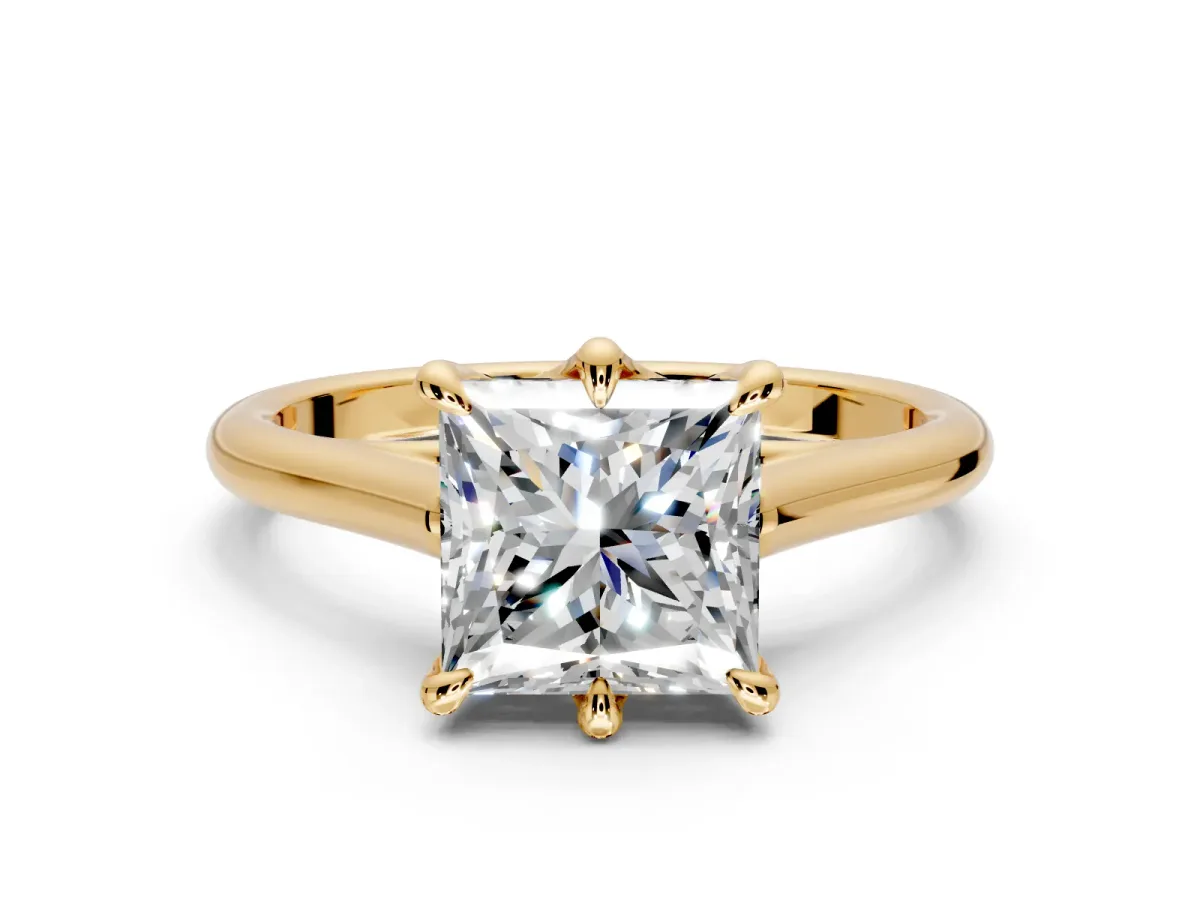 Solitaire Engagement Ring Setting for Princess Cut Center with Cathedral Band and Prong Head in Yellow Gold