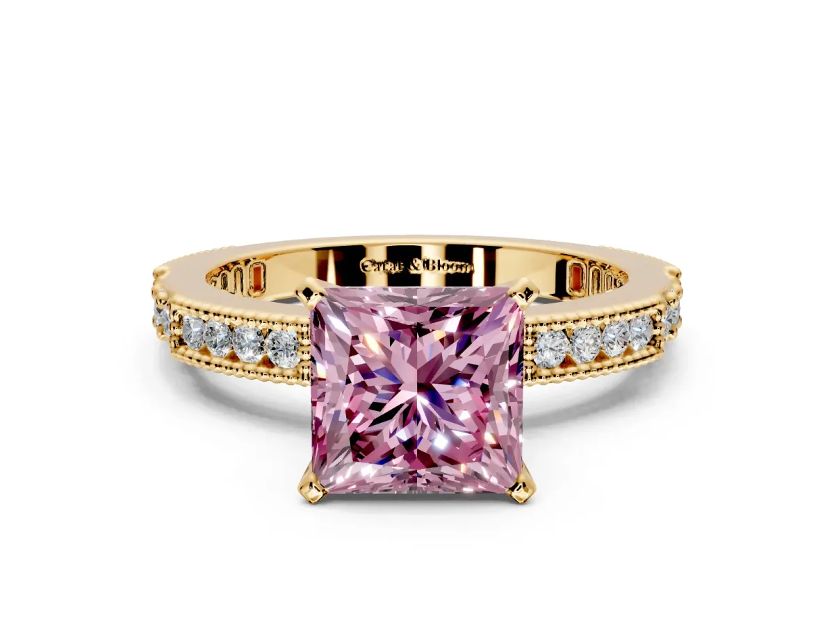 Solitaire Engagement Ring Setting for Fancy Pink Princess Cut Center with Milgrain-Edged Pave Band and Prong Head in Yellow Gold