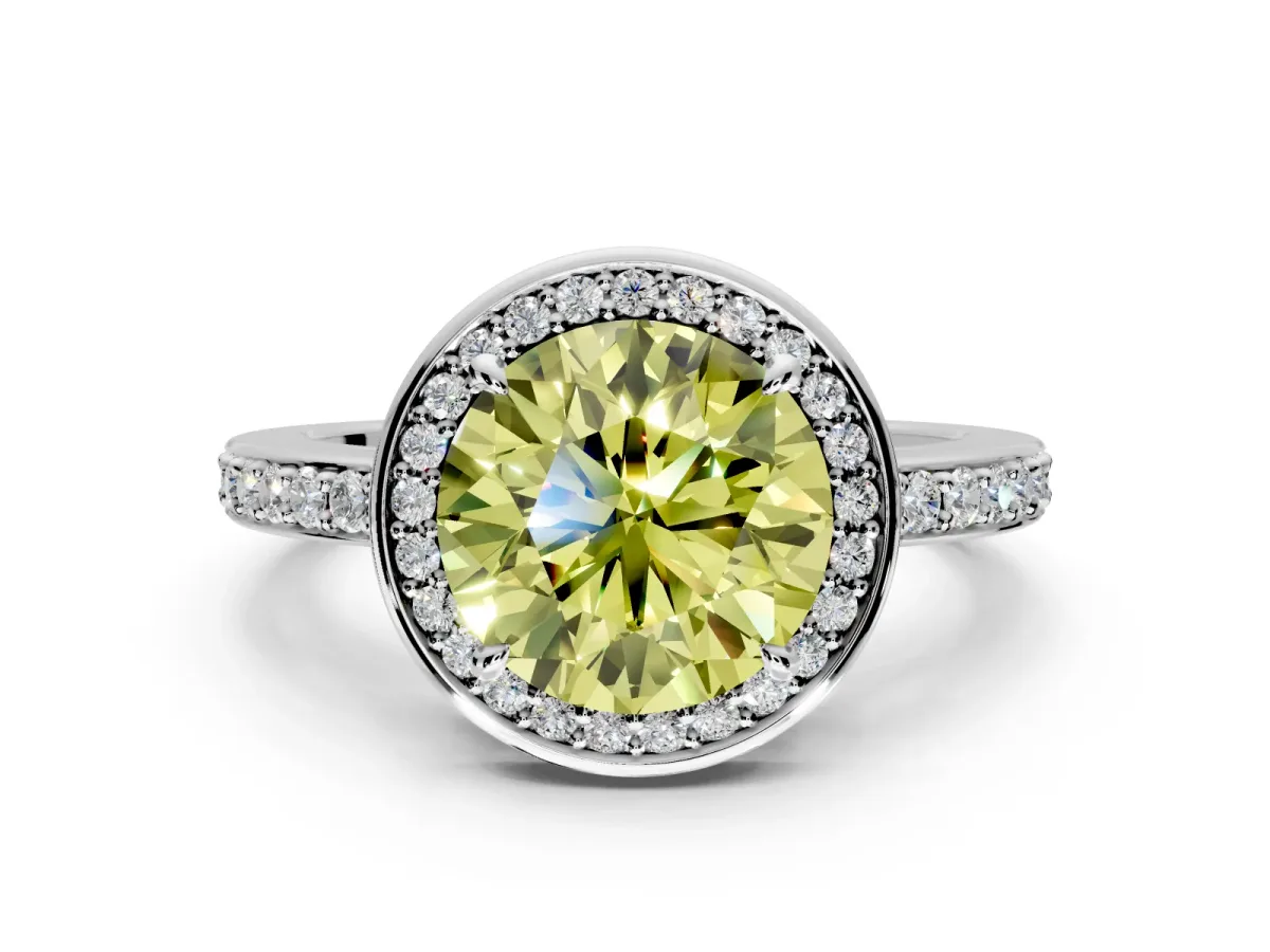 Halo Engagement Ring Setting for Fancy Yellow Round Cut Center with Metal-Rimmed Halo, Pave Band and Prong Head in Platinum