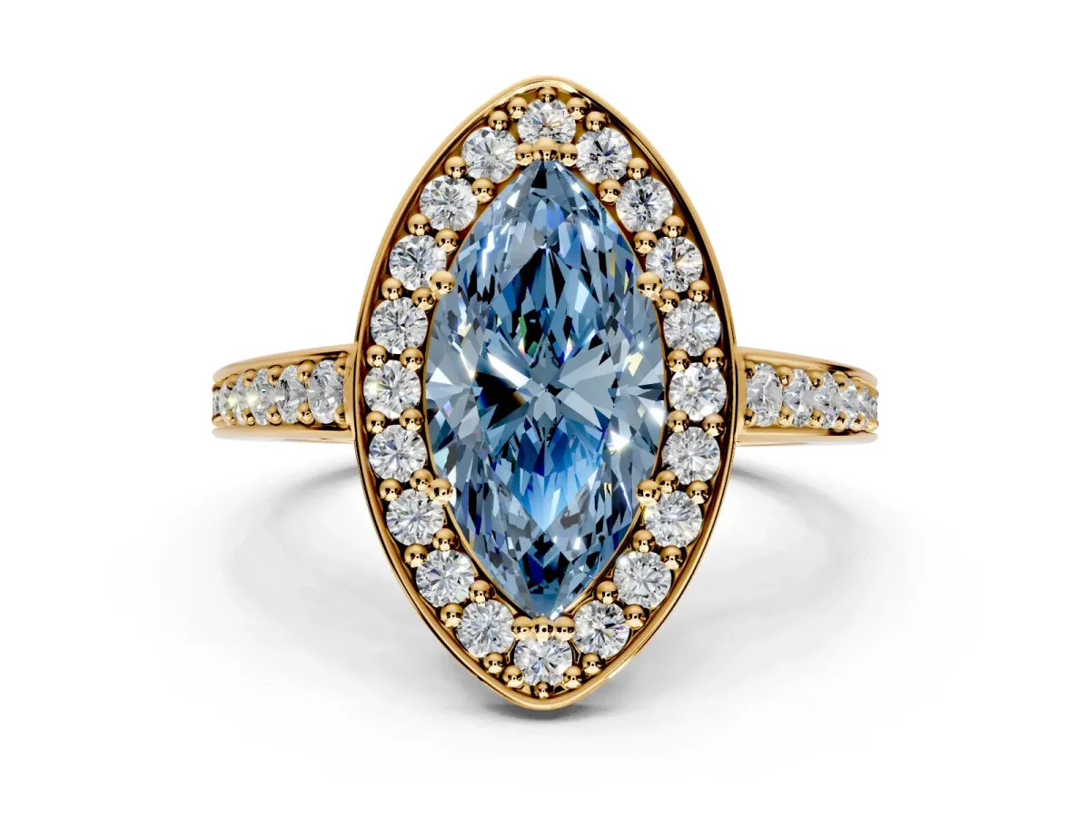 Bezel-Framed Halo Engagement Ring Setting for Fancy Blue Marquise Center with Pave Band and Prong Head in Yellow Gold