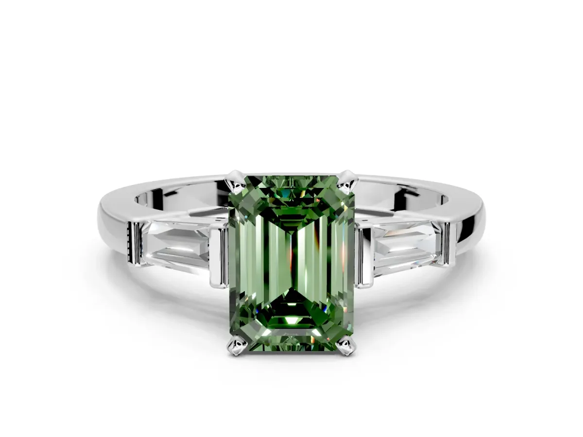 3 Stone Engagement Ring Setting for Fancy Green Emerald Cut Center with Channel Baguette Accents and Prong Head in Sterling Silver