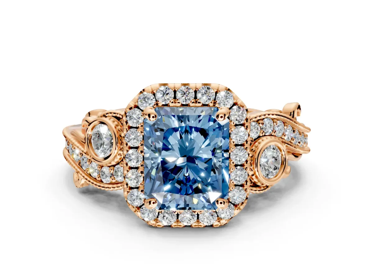 Milgrain Halo Engagement Ring Setting for Fancy Blue Radiant Cut Center with Shoulder Bezels and Prong Head in Rose Gold