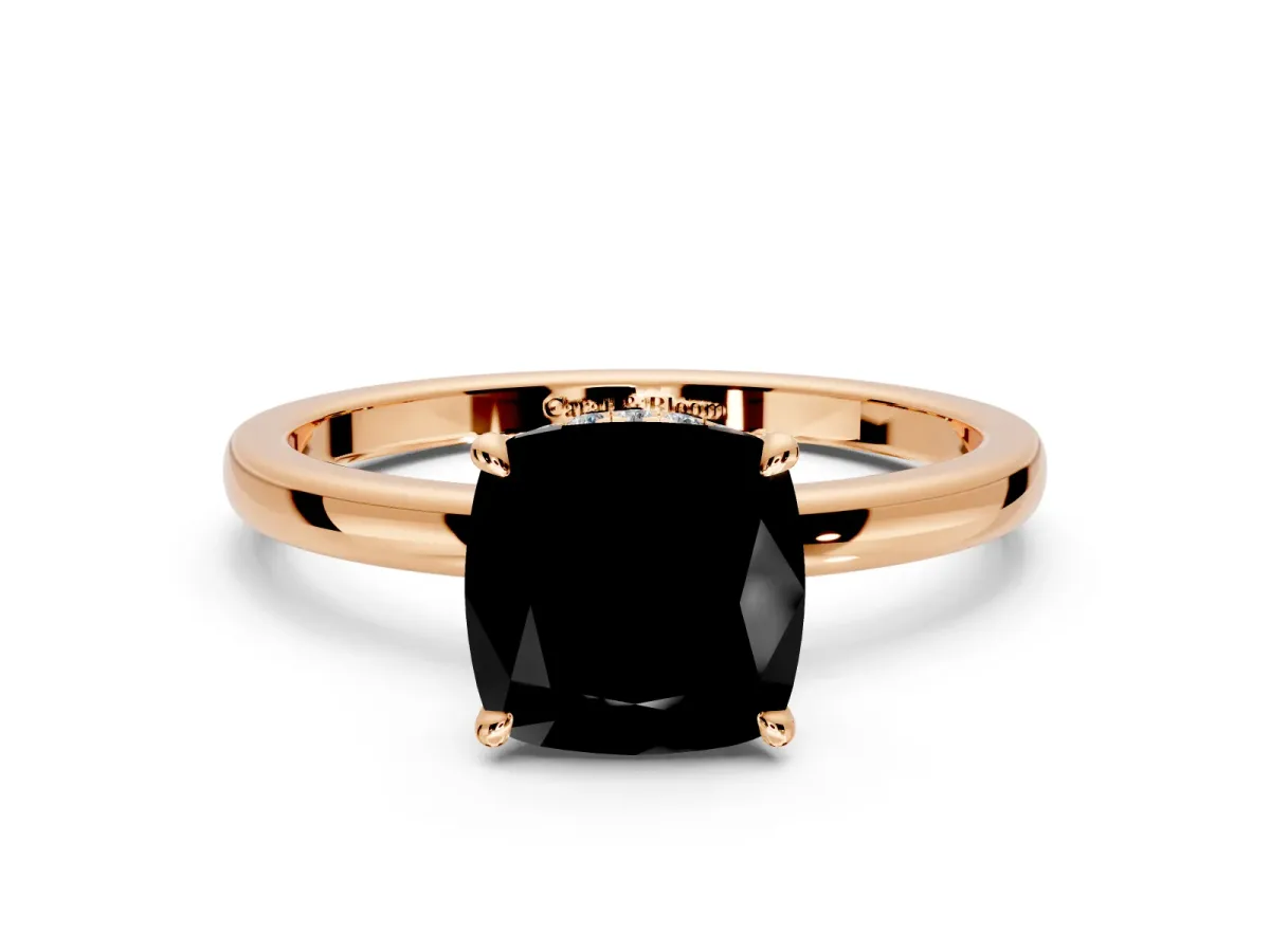 Hidden Halo Engagement Ring Setting for Fancy Black Cushion Cut Center with Plain Band and Tall Prong Head in Rose Gold