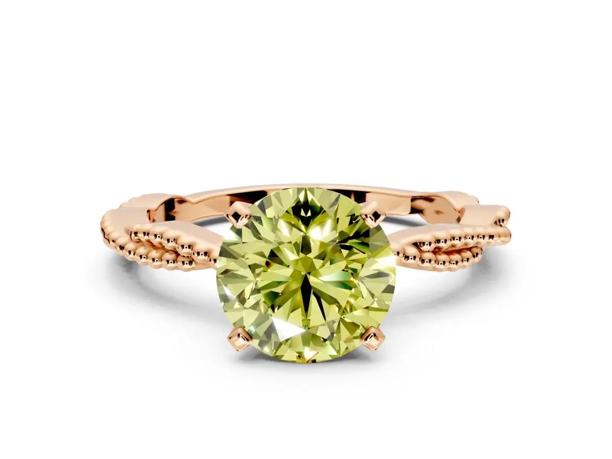 Solitaire Engagement Ring Setting for Fancy Yellow Round Cut Center with Twist Band and Bead Prong Head in Rose Gold