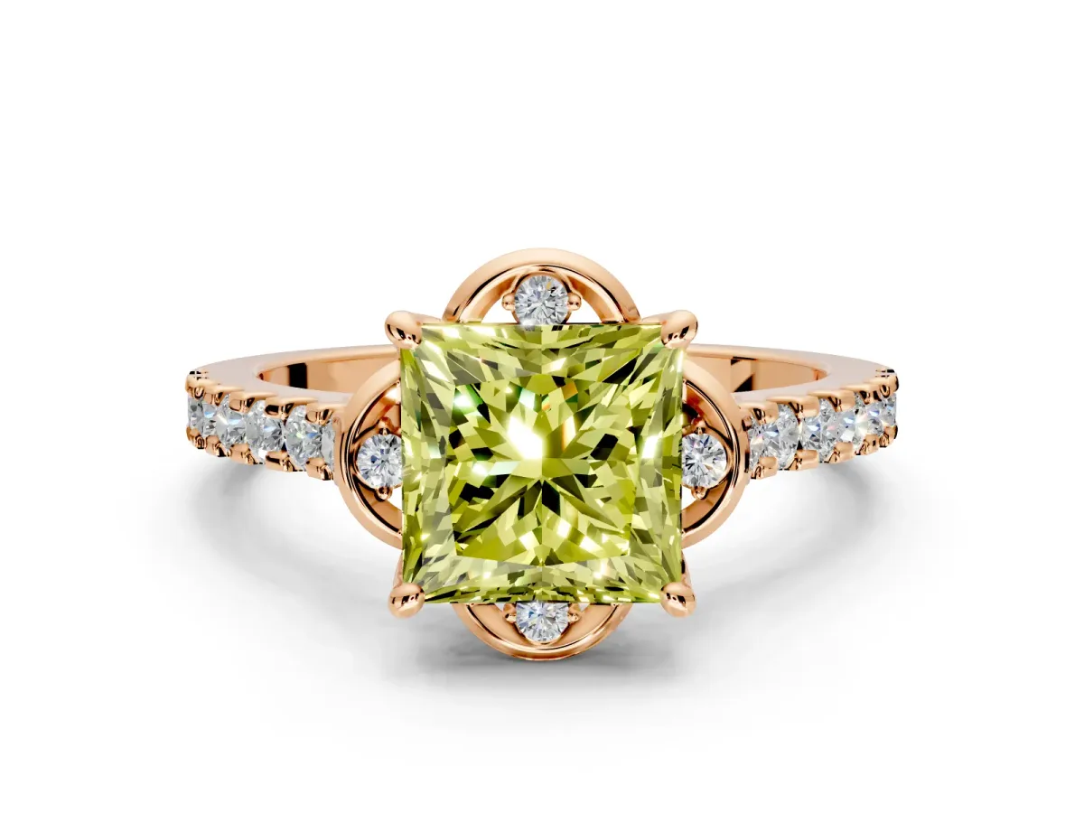 Floral Engagement Ring Setting for Fancy Yellow Princess Cut Center with Pave Band and Floral Prong Head in Rose Gold