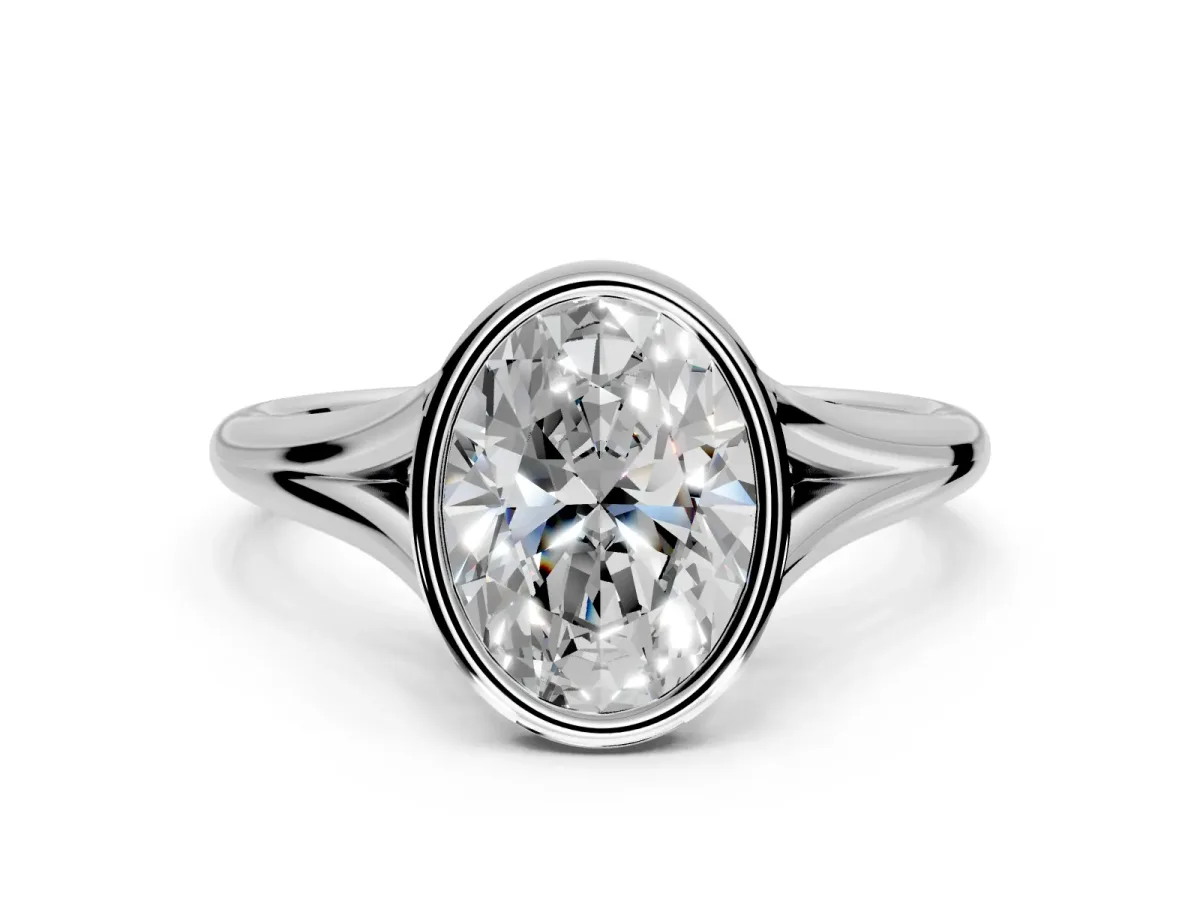 Solitaire Engagement Ring Setting for Oval Center with V Split Shank and Bezel Head in Platinum