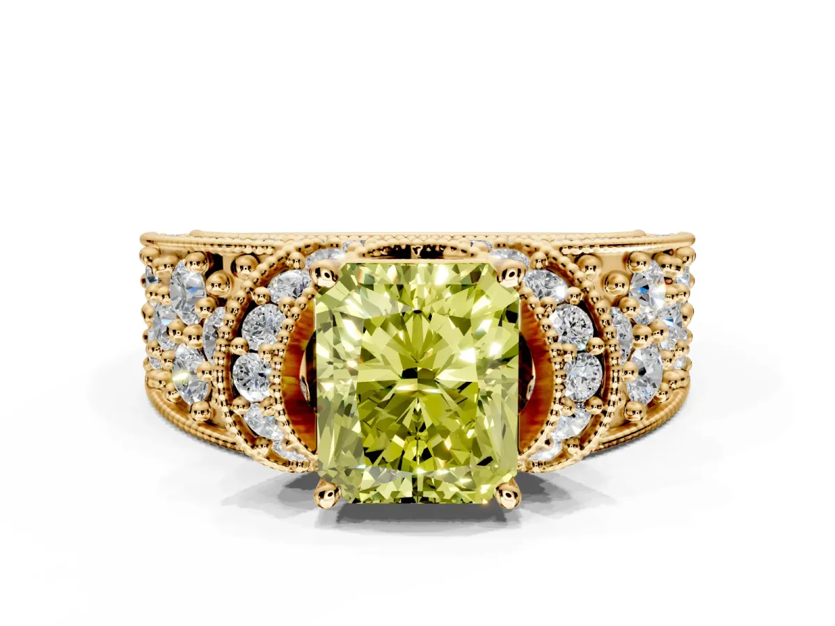 Pave Engagement Ring Setting for Fancy Yellow Radiant Cut Center with Curved Accent Rows, Openwork and Prong Head in Yellow Gold