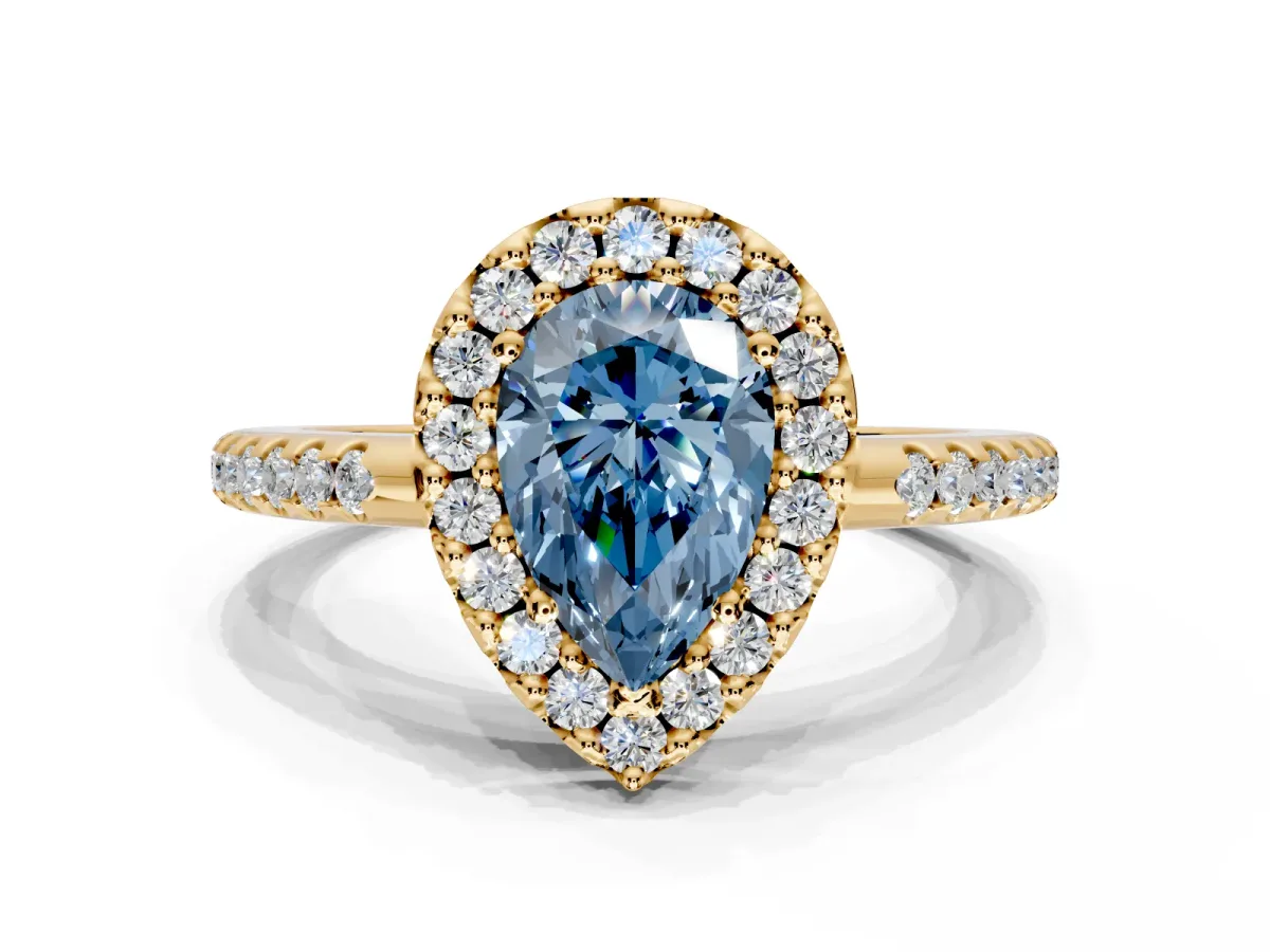 Pave Halo Engagement Ring Setting for Fancy Blue Pear-Shaped Center with Single Row Pave Band and Prong Head in Yellow Gold