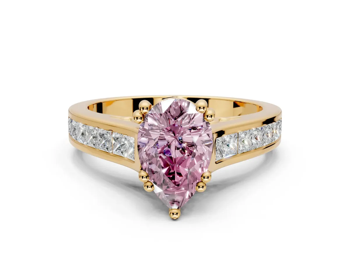 Solitaire Engagement Ring Setting for Fancy Pink Pear-Shaped Center with Channel Band and Double Claw Prong Head in Yellow Gold