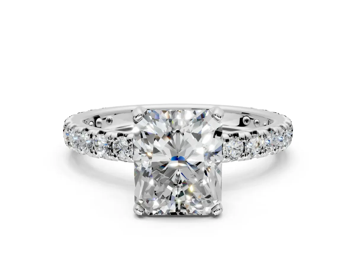 Solitaire Engagement Ring Setting for Radiant Cut Center with Shared-Prong Accents and Prong Head in Sterling Silver