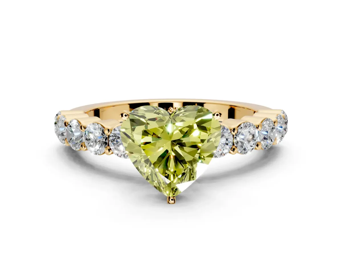 Shared-Prong Engagement Ring Setting for Fancy Yellow Heart-Shaped Center with Graduated Accents and Prong Head in Yellow Gold