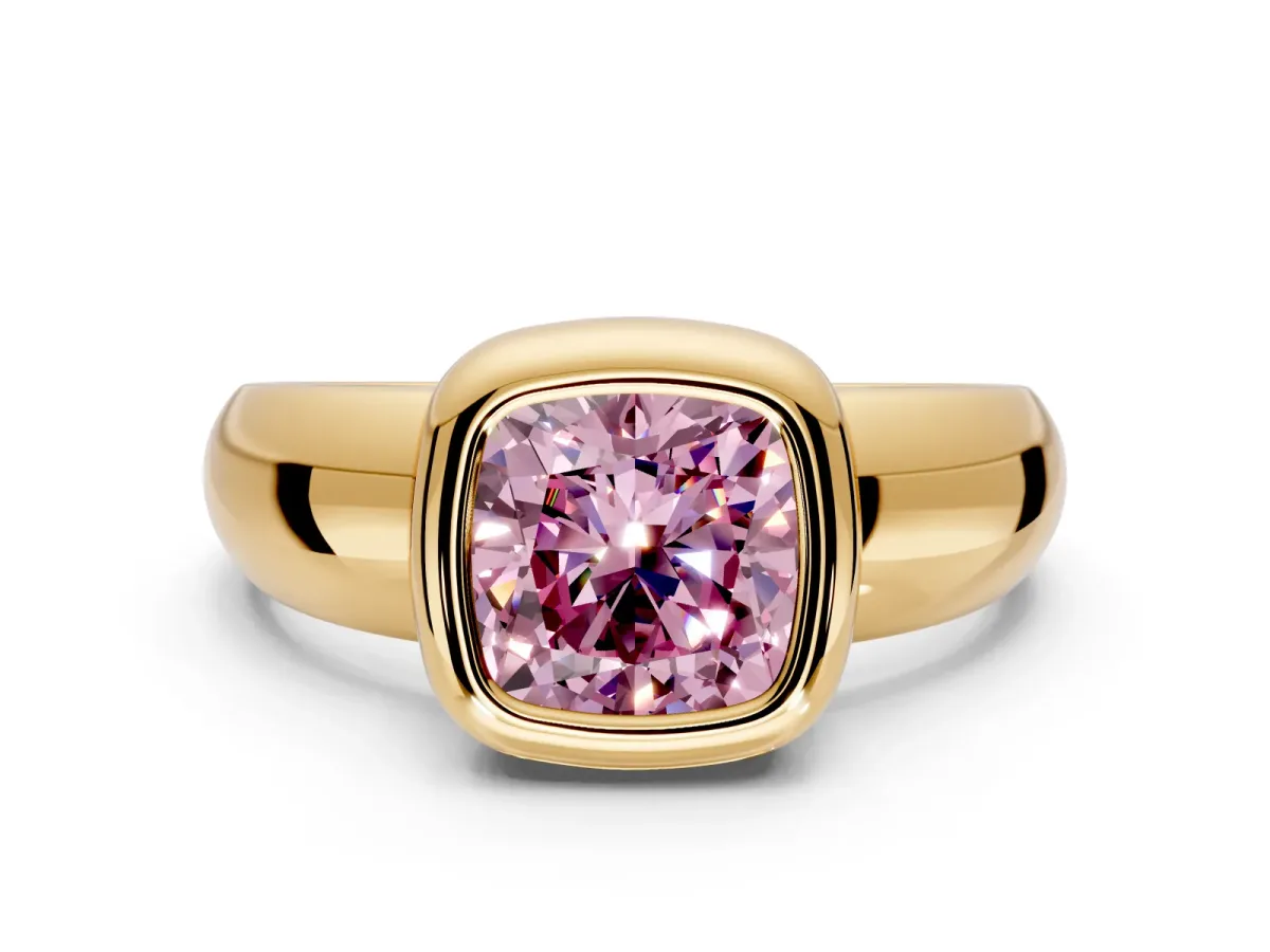 Solitaire Engagement Ring Setting for Fancy Pink Cushion Cut Center with Wide Band and Bezel Head in Yellow Gold