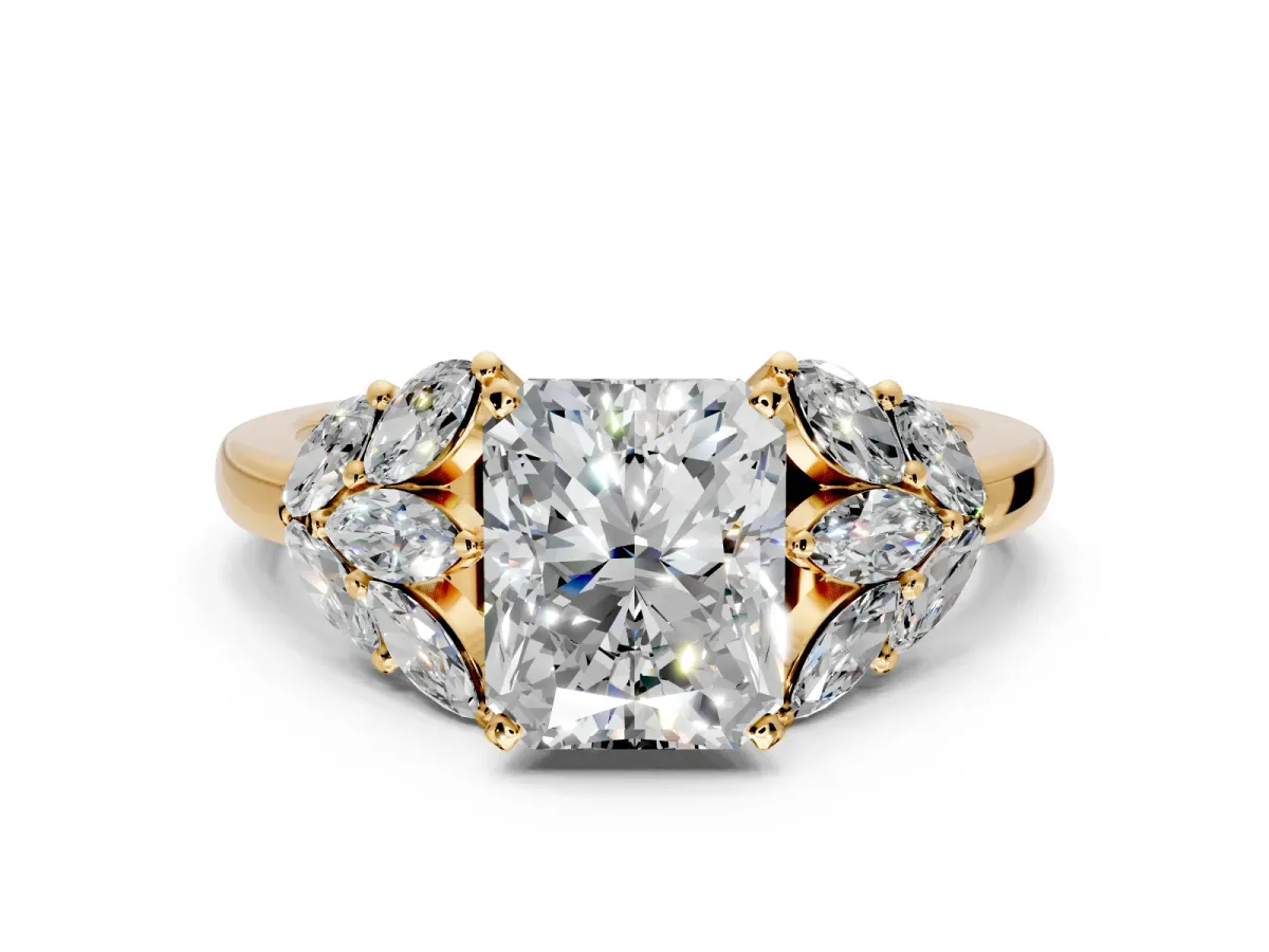 Leaf Cluster Engagement Ring Setting for Radiant Cut Center with Marquise Accents and Prong Head in Yellow Gold