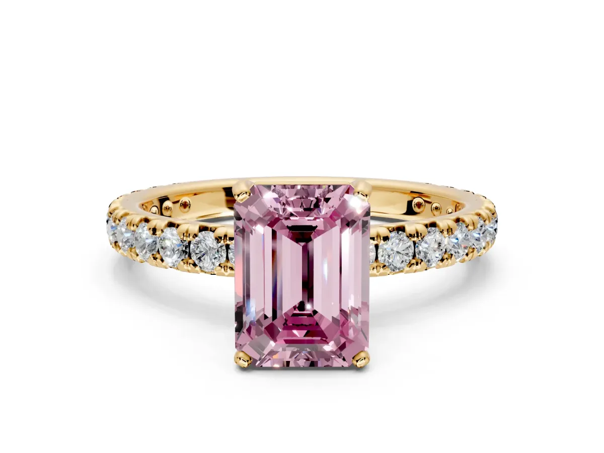 Solitaire Engagement Ring Setting for Fancy Pink Emerald Cut Center with Shared-Prong Accents and Prong Head in Yellow Gold