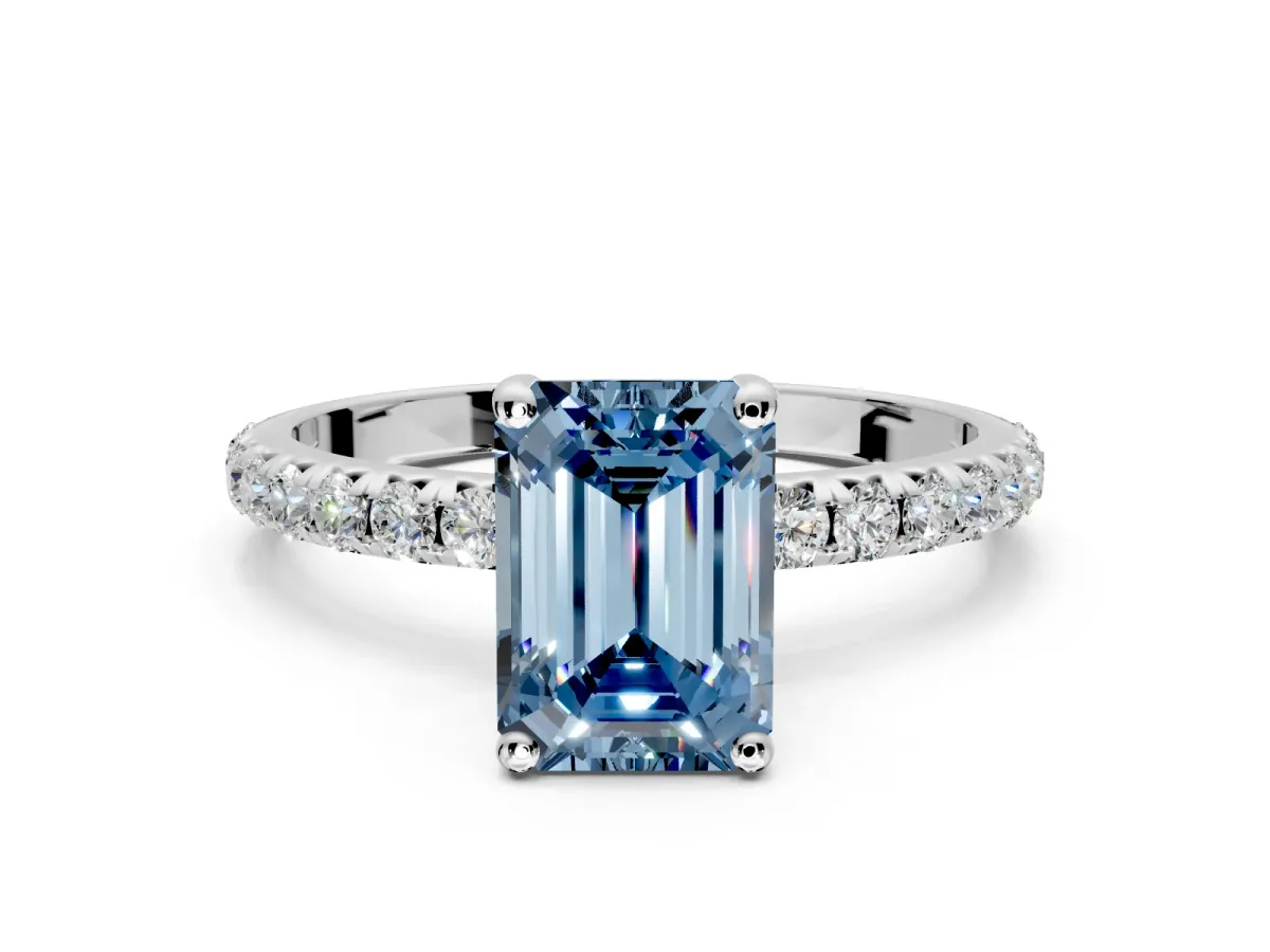 Solitaire Engagement Ring Setting for Fancy Blue Emerald Cut Center with Micro Pave Band and Prong Head in Platinum