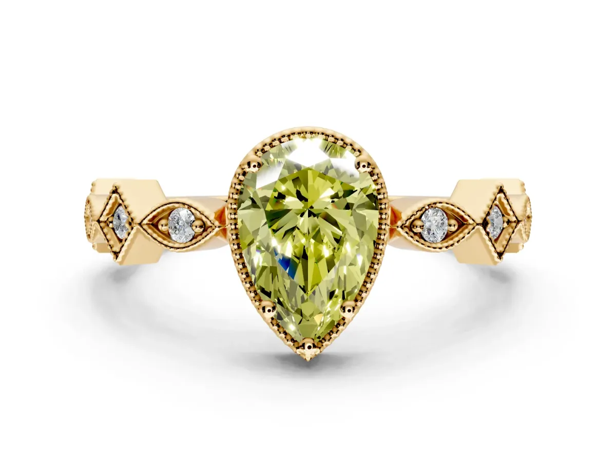 Milgrain Bezel Engagement Ring Setting for Fancy Yellow Pear-Shaped Center with Marquise Stations and Bezel Head in Yellow Gold