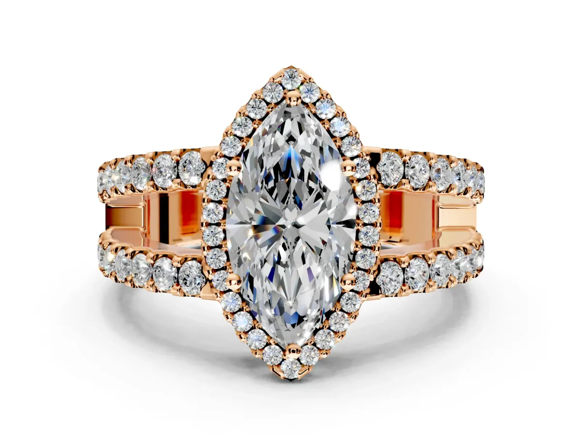 Halo Engagement Ring Setting for Marquise Center with Wide-Open Pave Split Shank and Prong Head in Rose Gold