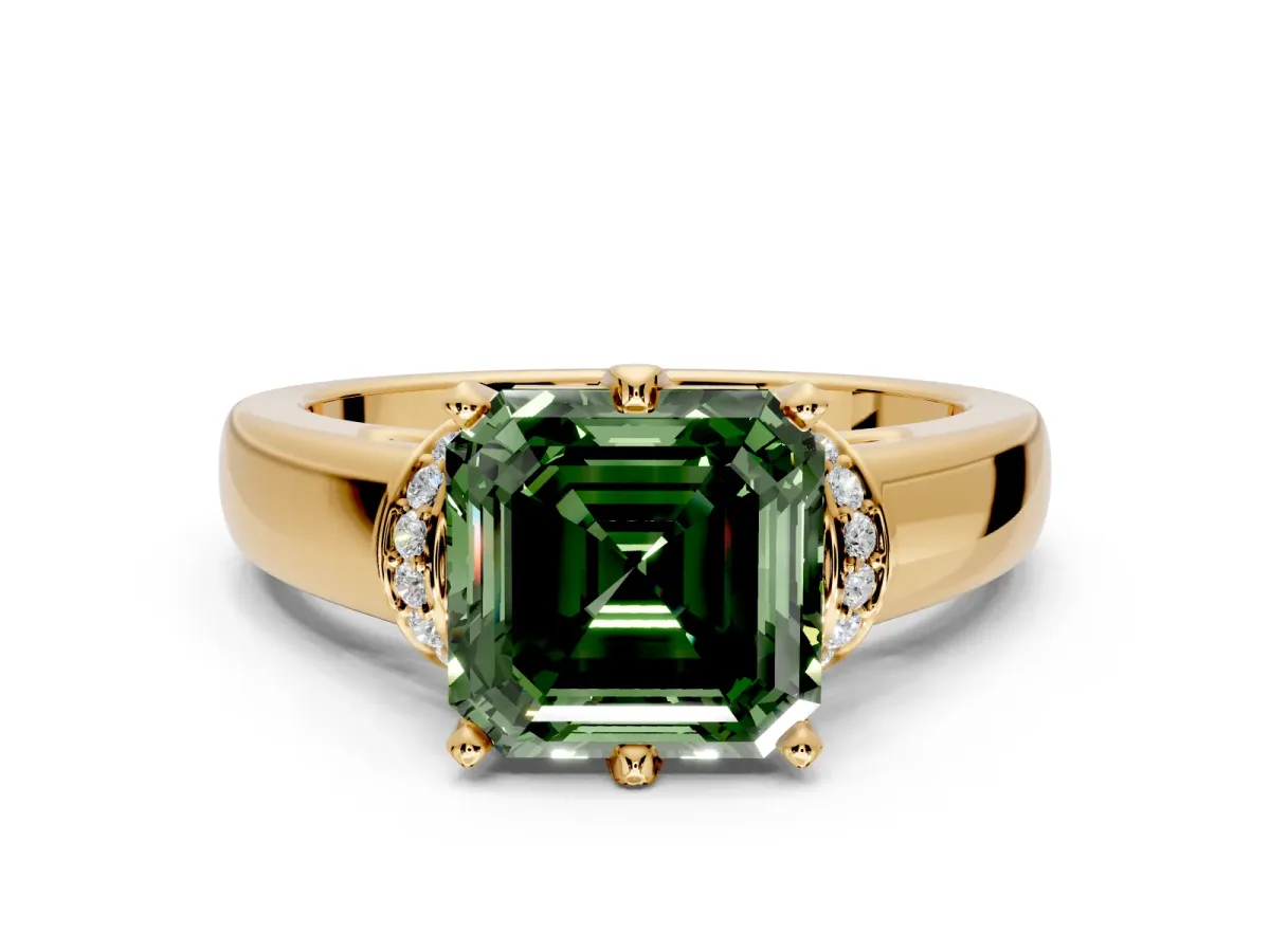 Solitaire Engagement Ring Setting for Fancy Green Asscher Cut Center with Wide Band, Pave Collar and Prong Head in Yellow Gold