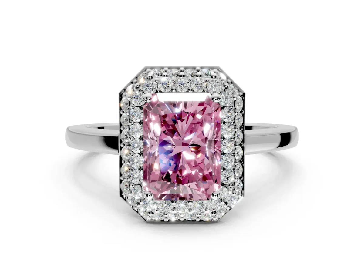 Halo Engagement Ring Setting for Fancy Pink Radiant Cut Center with Plain Tapered Band and Prong Head in Platinum
