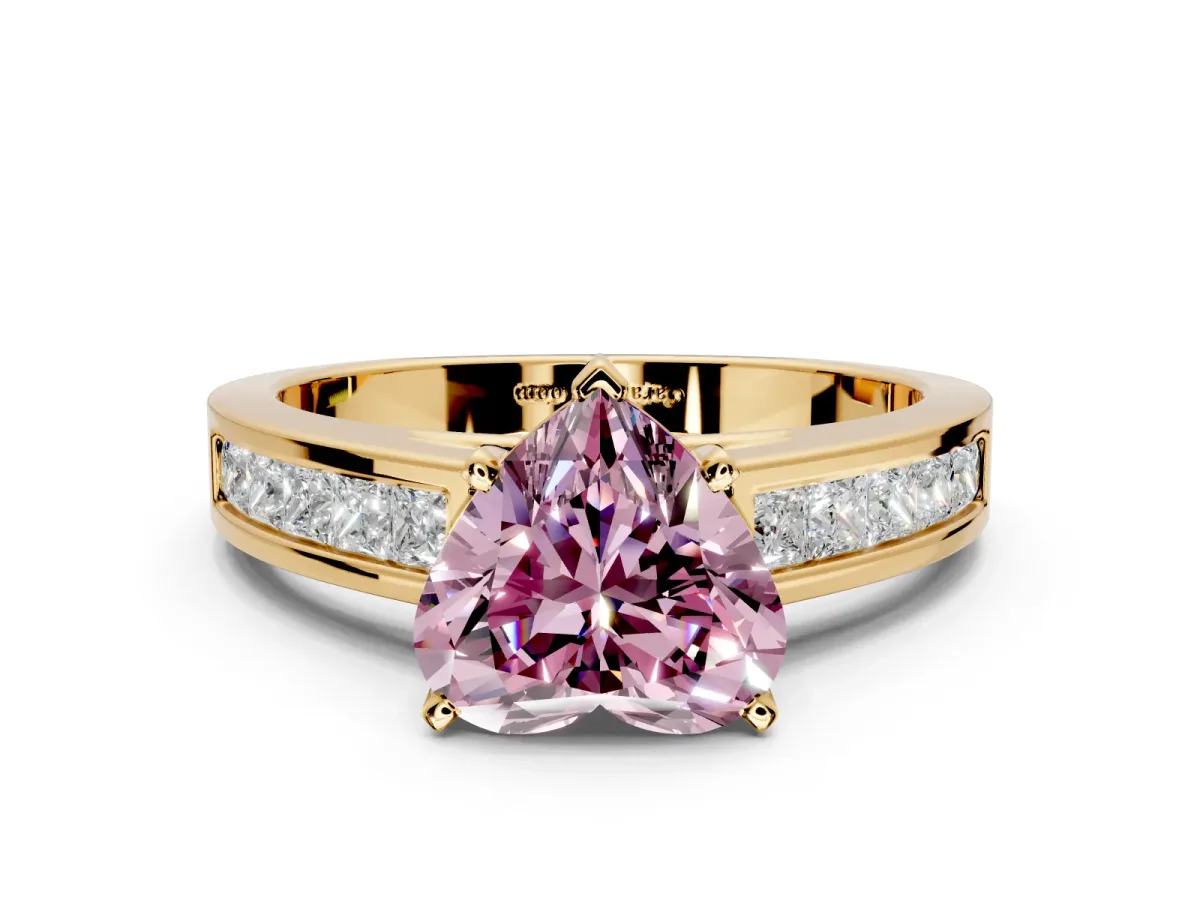 Solitaire Engagement Ring Setting for Fancy Pink Heart-Shaped Center with Princess Cut Channel Band and Prong Head in Yellow Gold