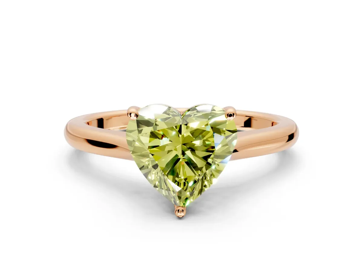 Solitaire Engagement Ring Setting for Fancy Yellow Heart-Shaped Center with Narrow Cathedral Band and Prong Head in Rose Gold