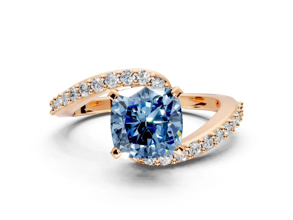 Solitaire Engagement Ring Setting for Fancy Blue Cushion Cut Center with Pave Bypass Swirl Band and Prong Head in Rose Gold