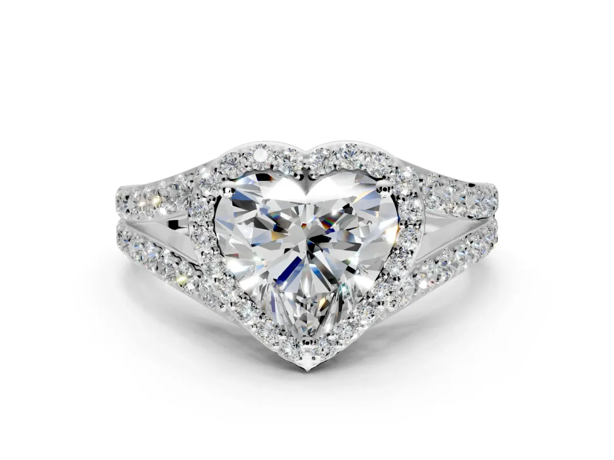 Halo Engagement Ring Setting for Heart-Shaped Center with Narrow Pave Split Shank and Prong Head in White Gold