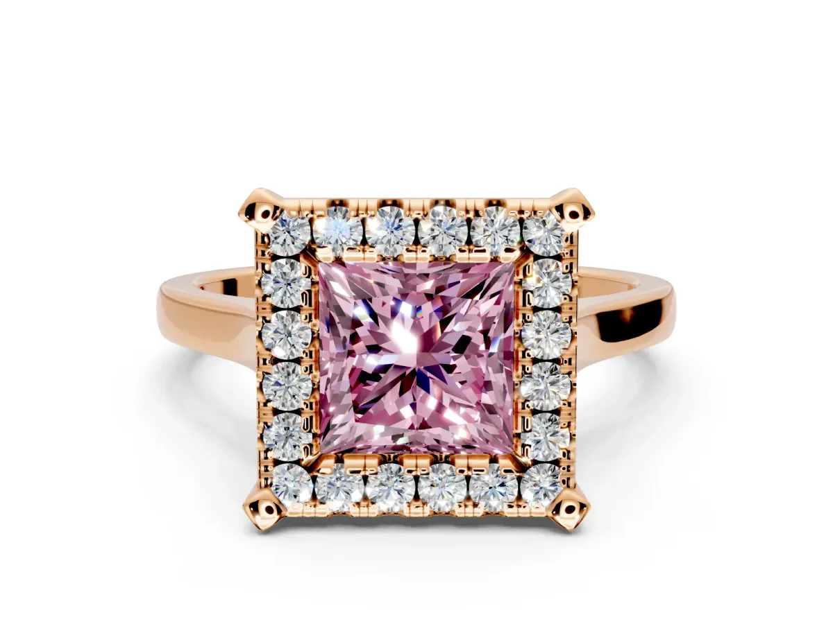 Single Halo Engagement Ring Setting for Fancy Pink Princess Cut Center with Corner Claws, Plain Band and Prong Head in Rose Gold