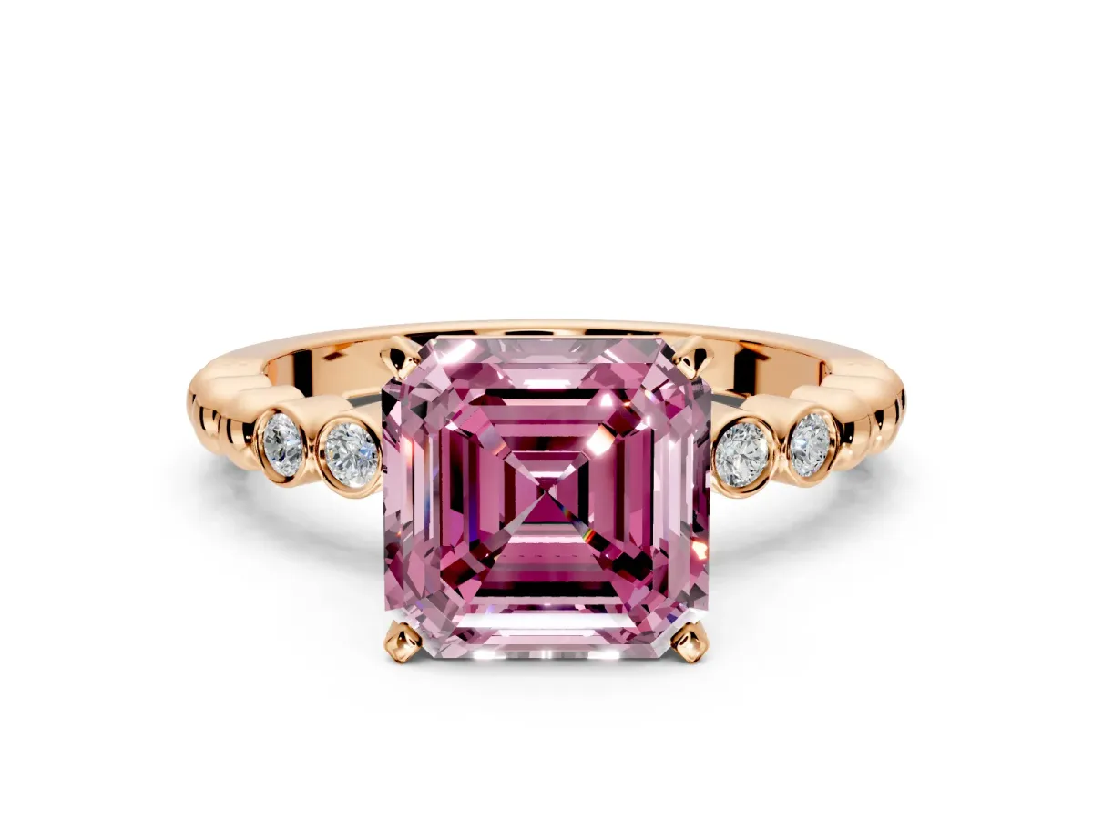 Solitaire Engagement Ring Setting for Fancy Pink Asscher Cut Center with Bezel-Dot Beaded Band and Prong Head in Rose Gold