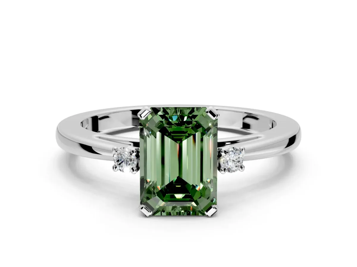 3 Stone Engagement Ring Setting for Fancy Green Emerald Cut Center with Low-Set Round Cut Accents and Prong Head in Platinum
