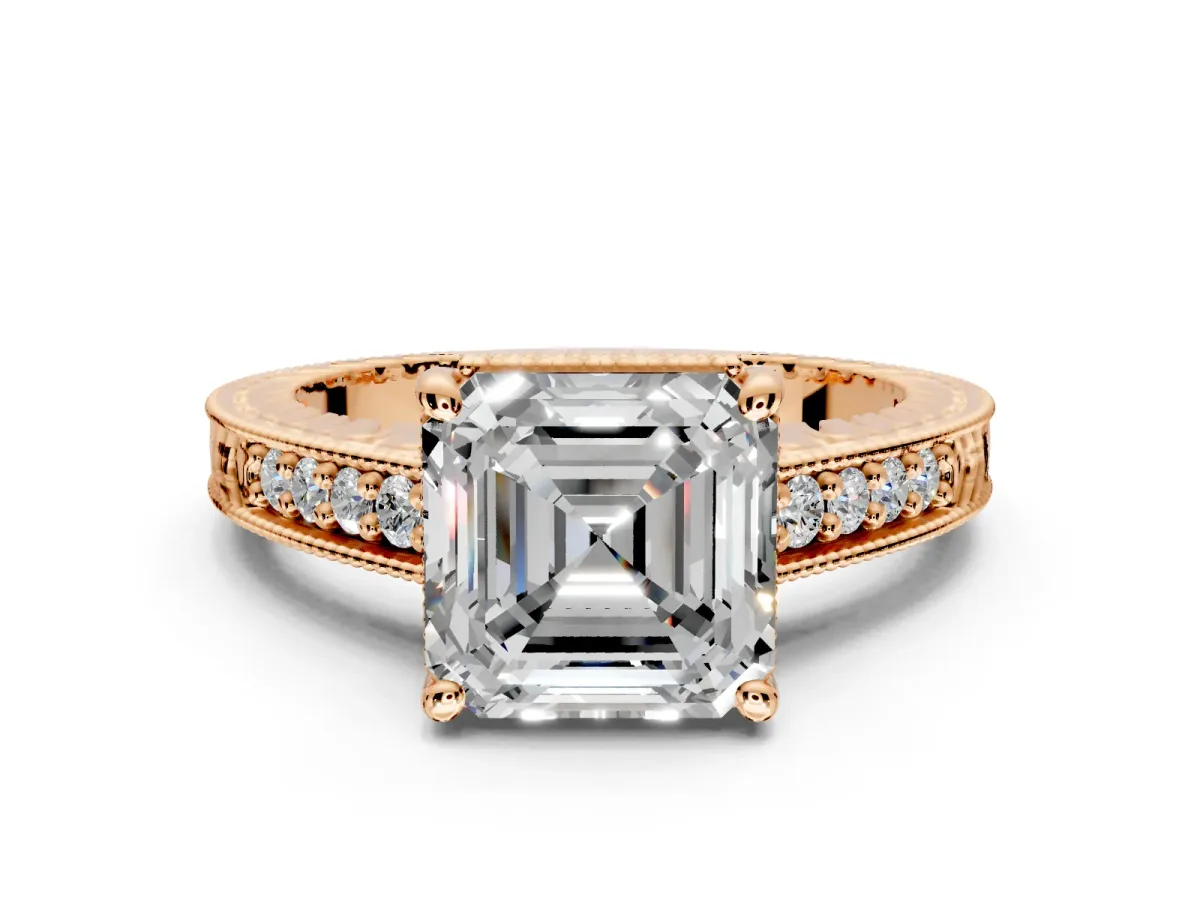 Engraved Engagement Ring Setting for Asscher Cut Center with Milgrain Pave Band and Prong Head in Rose Gold