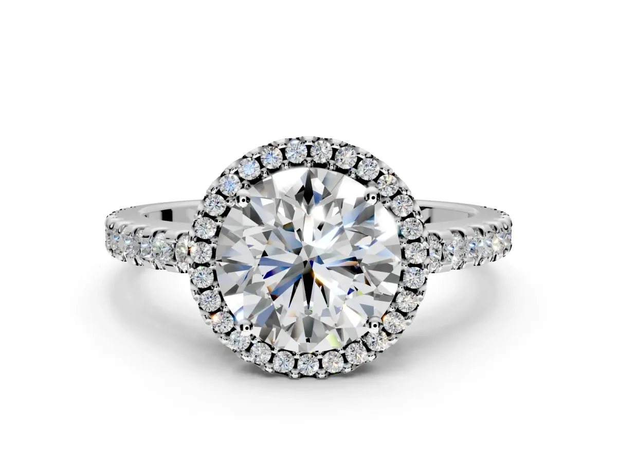 Accent Halo Engagement Ring Setting for Round Cut Center with Full-Length Pave Band and Prong Head in Platinum