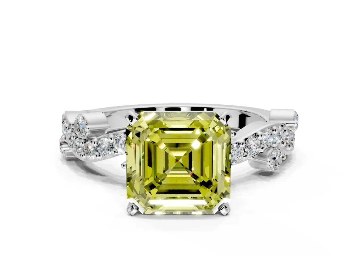 Solitaire Engagement Ring Setting for Fancy Yellow Asscher Cut Center with Bar-Station Pave Twist and Prong Head in White Gold