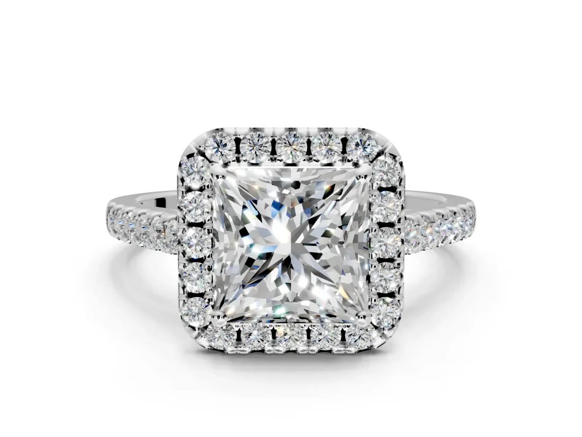 Halo Engagement Ring Setting for Princess Cut Center with Narrowing Pave Band and Prong Head in White Gold