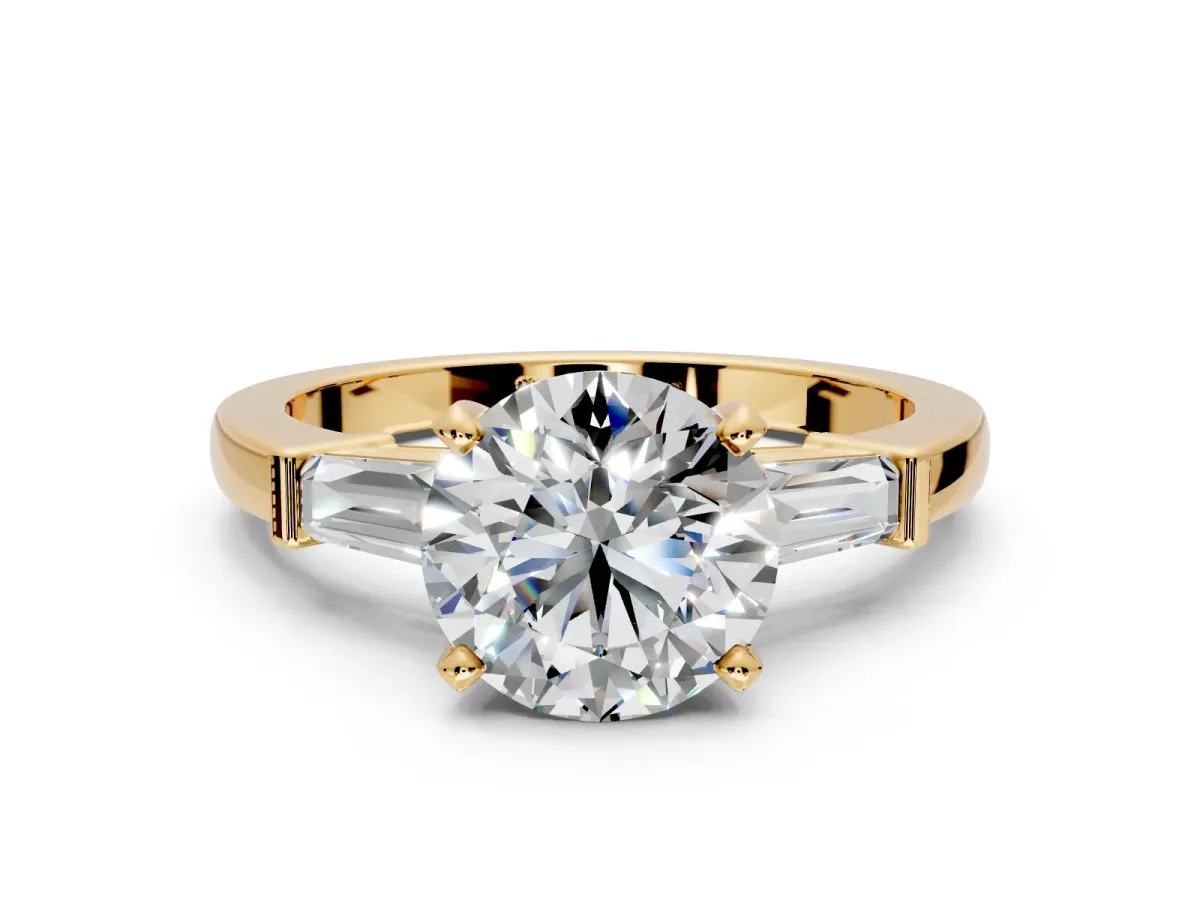 3 Stone Engagement Ring Setting for Round Cut Center with Channel Baguette Accents and Prong Head in Yellow Gold