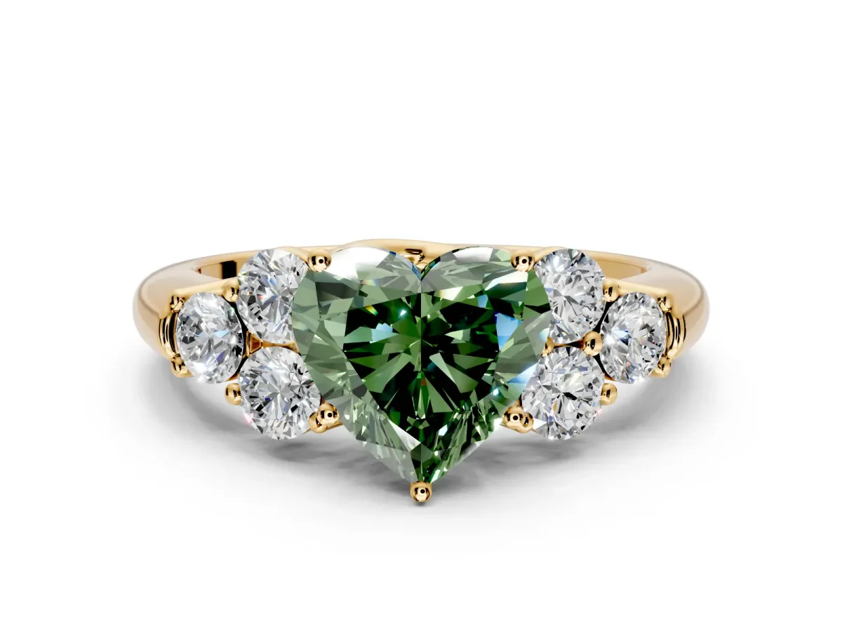 Cluster Engagement Ring Setting for Fancy Green Heart-Shaped Center with Round Cut Accent Frame and Prong Head in Yellow Gold