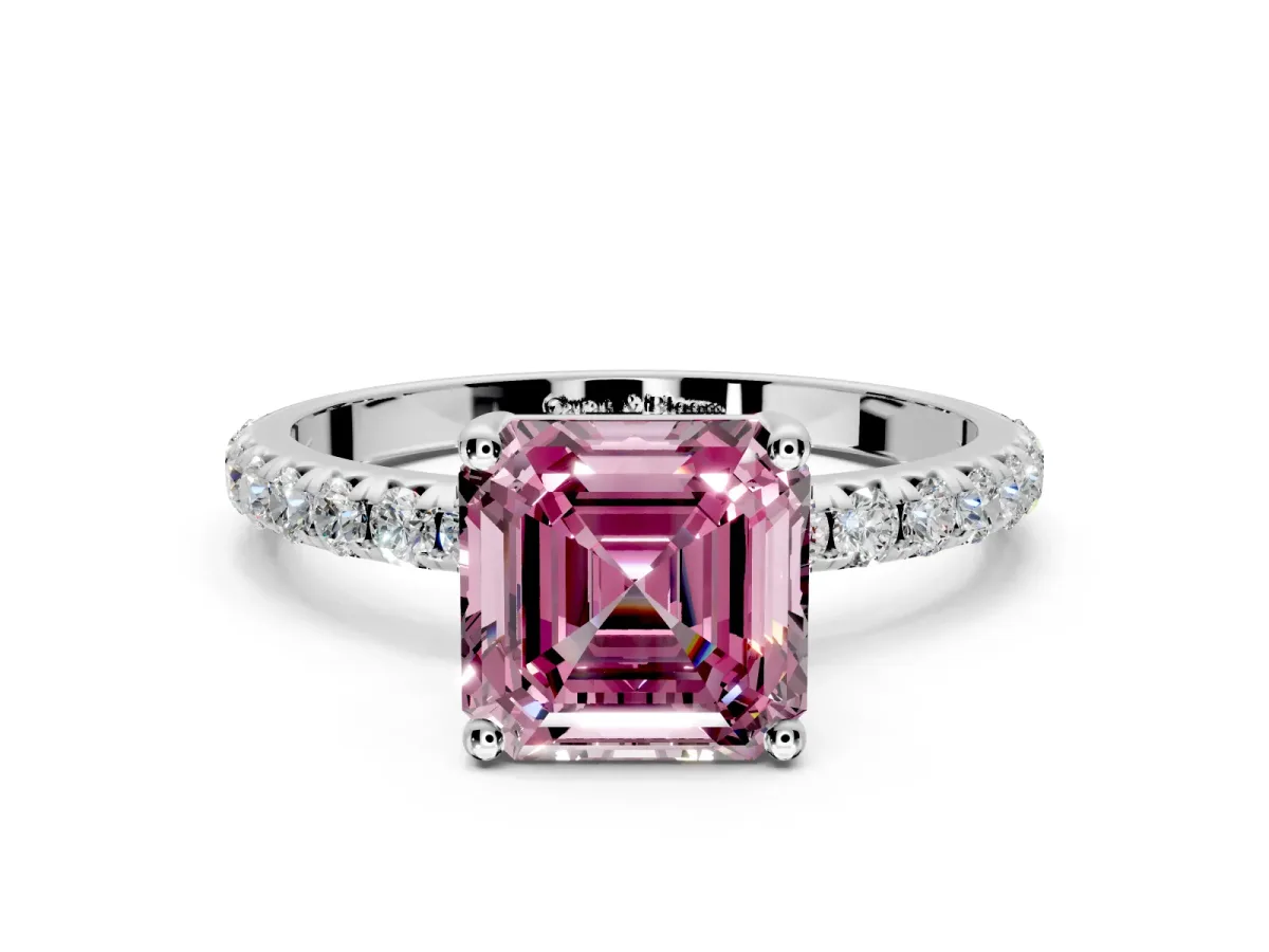 Solitaire Engagement Ring Setting for Fancy Pink Asscher Cut Center with Micro Pave Band and Prong Head in Sterling Silver