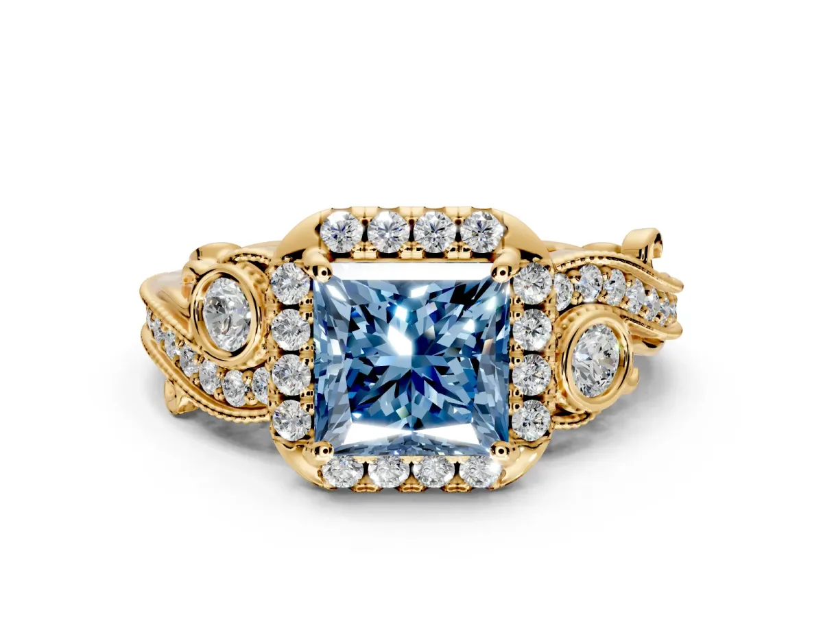 Bypass Halo Engagement Ring Setting for Fancy Blue Princess Cut Center with Bezel Accents, Milgrain and Prong Head in Yellow Gold