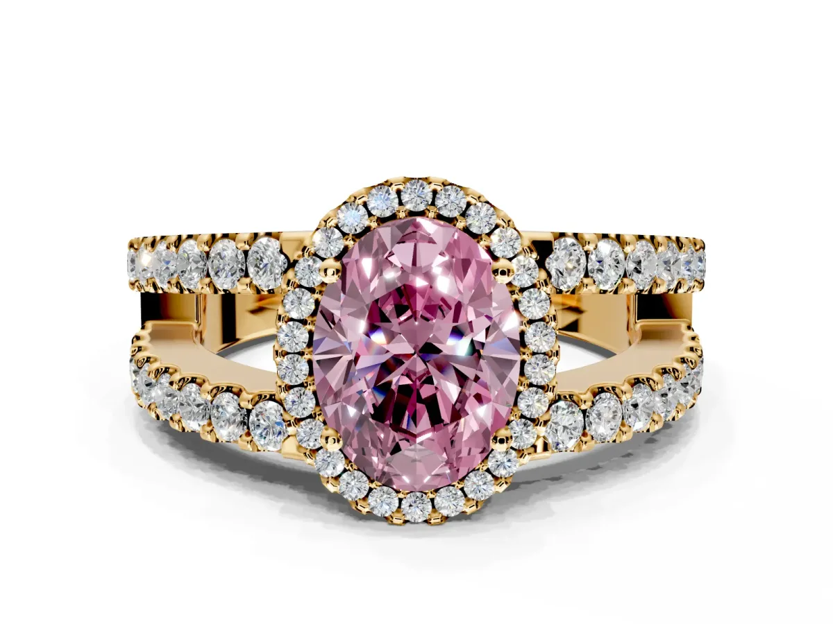 Halo Engagement Ring Setting for Fancy Pink Oval Center with Wide-Open Pave Split Shank and Prong Head in Yellow Gold