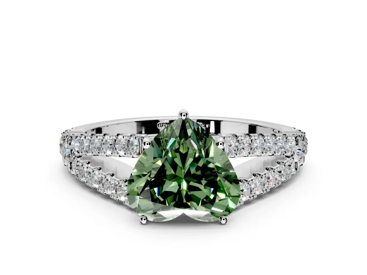 Solitaire Engagement Ring Setting for Fancy Green Heart-Shaped Center with Pave Split Shank and Prong Head in Sterling Silver